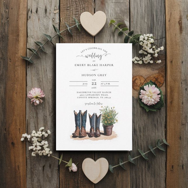 Country Mr Mrs Cowboy Boots Wildflowers Wedding Invitation (country wedding invitation rustic western barn chic modern watercolor cowboy boots watercolor)