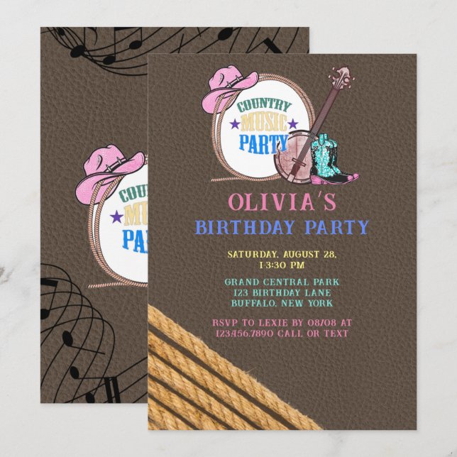 Country Music Girl Birthday Party  Invitation (Front/Back)
