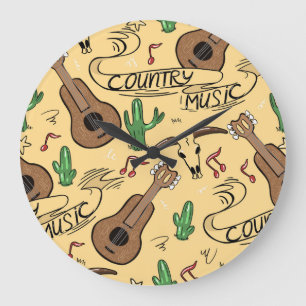 Country Music Guitar Cactus Pattern Large Clock