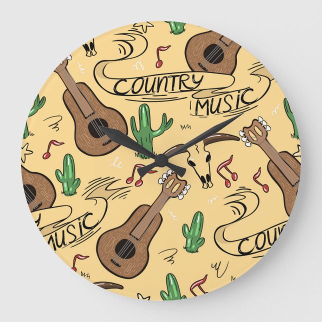 Country Music Guitar Cactus Pattern Large Clock (Front)