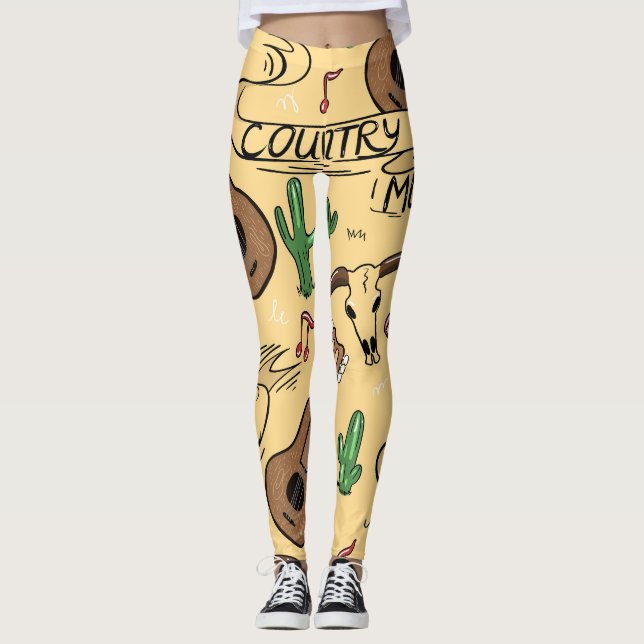 Country Music Guitar Cactus Pattern Leggings (Front)