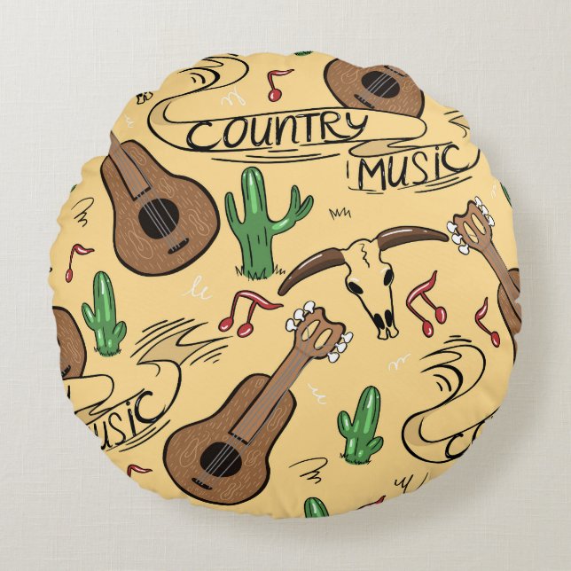 Country Music Guitar Cactus Pattern Round Cushion (Front)