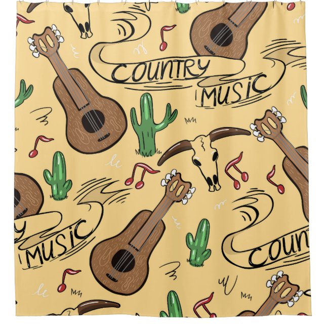 Country Music Guitar Cactus Pattern Shower Curtain (Front)