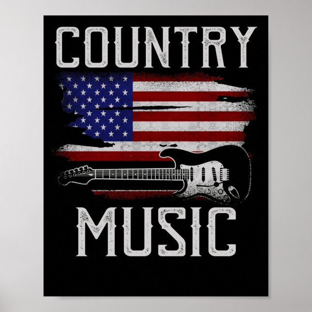 Country Music Retro Vintage Guitar American Flag Poster (Front)