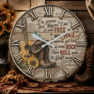 Country Music Rustic Guitar & Cowboy Boots Large Clock
