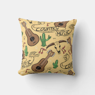 Country music seamless pattern with guitars, cacti cushion