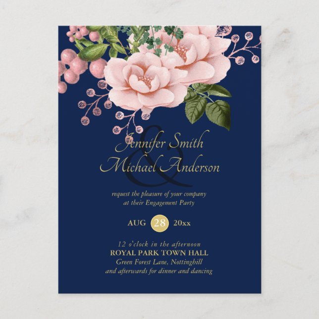 Country Navy Blue Blush Pink Roses Gold ENGAGEMENT Postcard (Front)