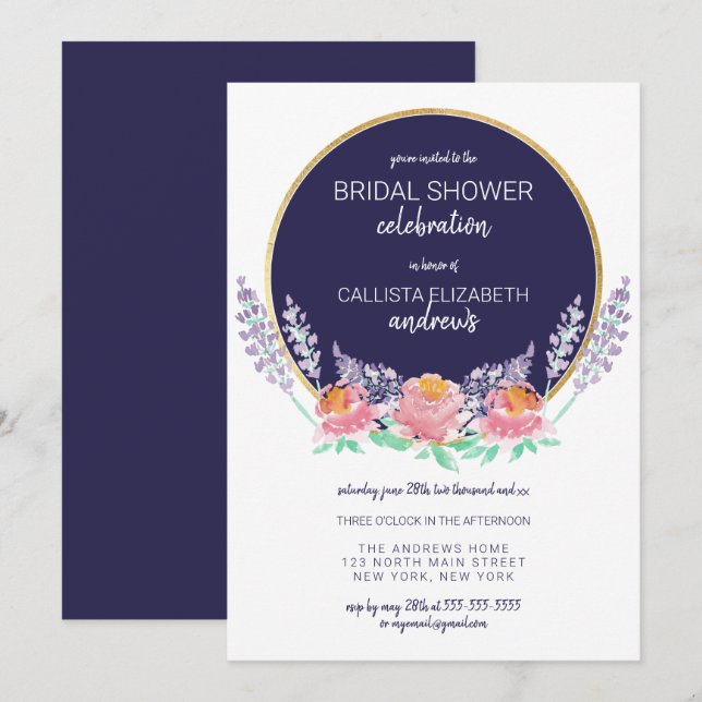 Country Navy Pink Lilac Wild Flower Bridal Shower Invitation (Front/Back)