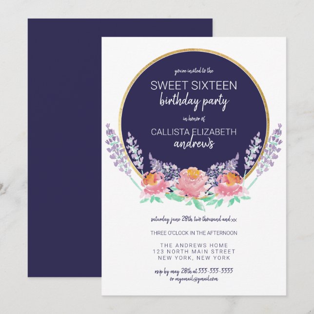 Country Navy Pink Lilac Wild Flower Sweet 16 Invitation (Front/Back)