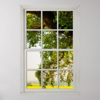 Country Oak Tree Window with a View Illusion Poster