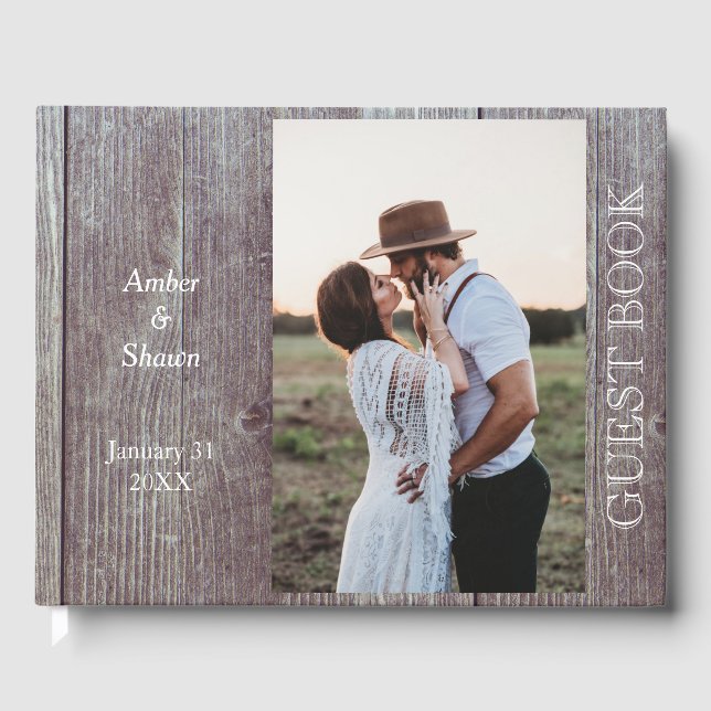 Country or Rustic Dark Wood Photo Wedding or Party Guest Book (Front)