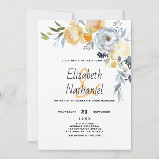 Country orange blue white botanic floral wedding  invitation