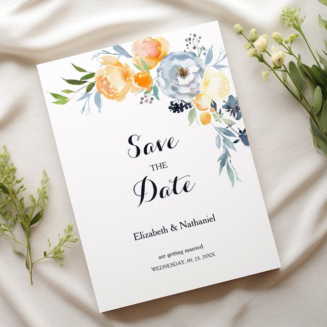 Country orange blue white floral Save the Date  Invitation (Country orange blue white floral Save the Date)