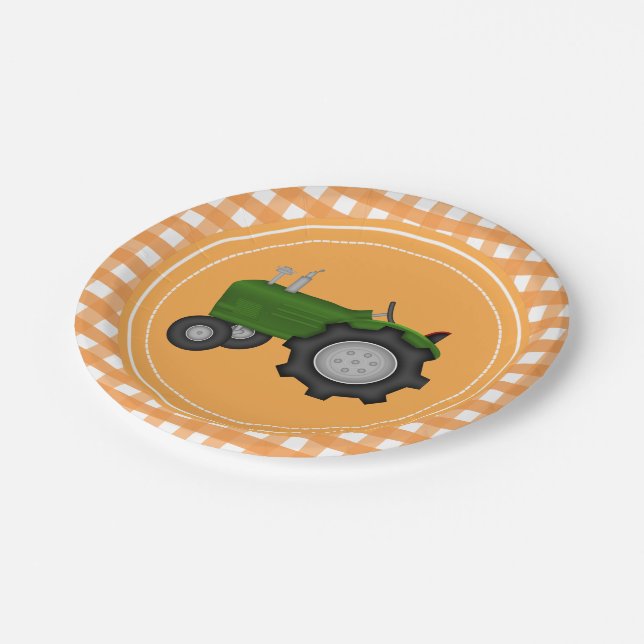 Country orange gingham tractor party plate (Angled)