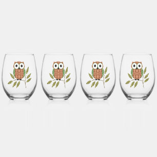 Country Owl  Stemless Wine Glass