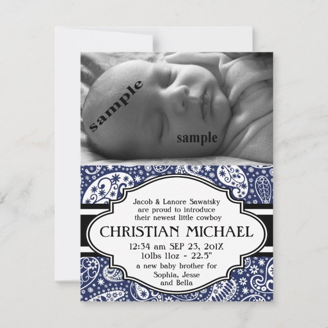 Country Paisley New Baby Boy Birth Announcement (Front)