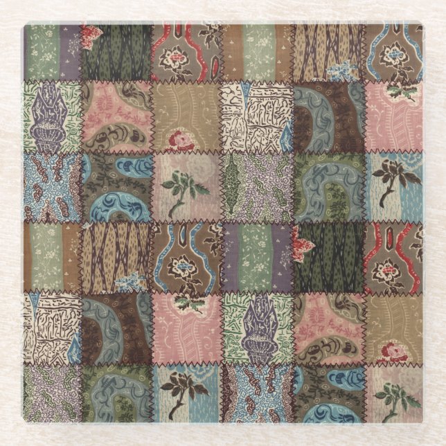 Country patchwork quilt, 3D texture. Glass Coaster (Front)