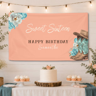 Country Peach Cowgirl Sweet Sixteen Birthday Banner