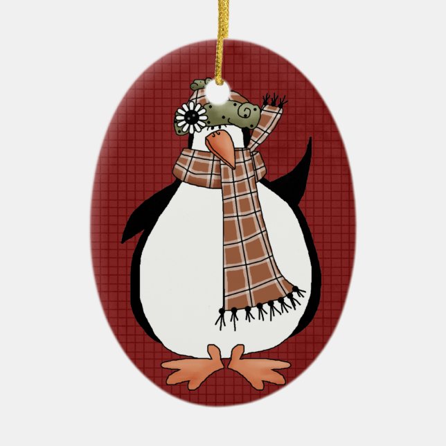 Country Penguin Ceramic Christmas Ornament (Front)