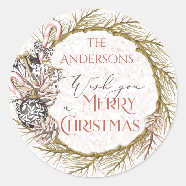 Country Pine Candy Cane Merry Christmas Classic Round Sticker (Front)