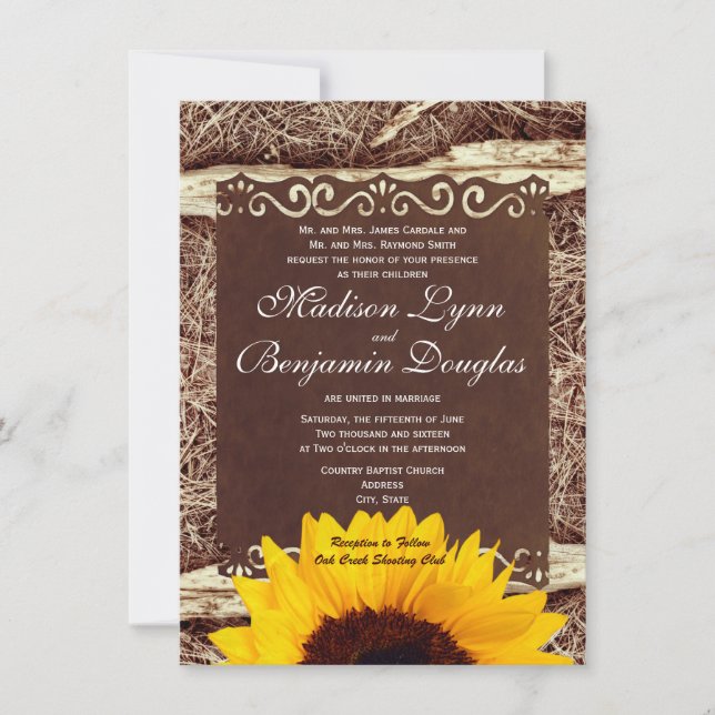 Country Pine Needles Sunflower Wedding Invitations (Front)