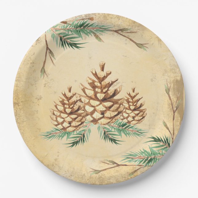 Country Pinecone Vintage Elegant Greenery Holiday Paper Plate (Front)