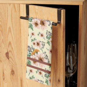 Country Pink and Rust Floral Watercolor   Tea Towel