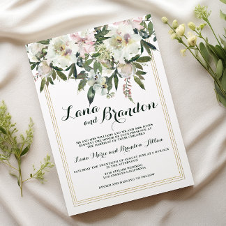 Country pink cream classic script floral wedding invitation