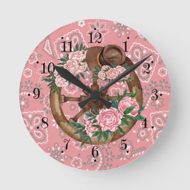 Country Pink Flower Hat Wagon Wheel Wall Clock (Front)