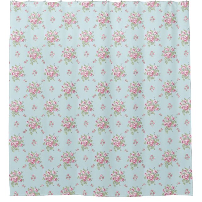 Country Pink Flowers on Blue Shower Curtain (Front)