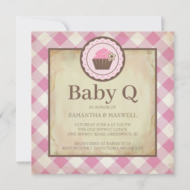 Country Pink Gingham and Cupcake Baby Q Picnic Invitation (Front)