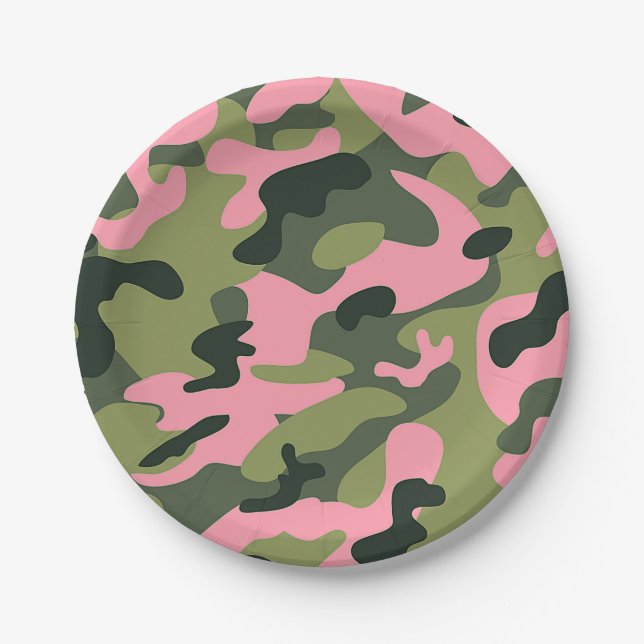 Country Pink Green Army Camo Camouflage Birthday Paper Plate (Front)