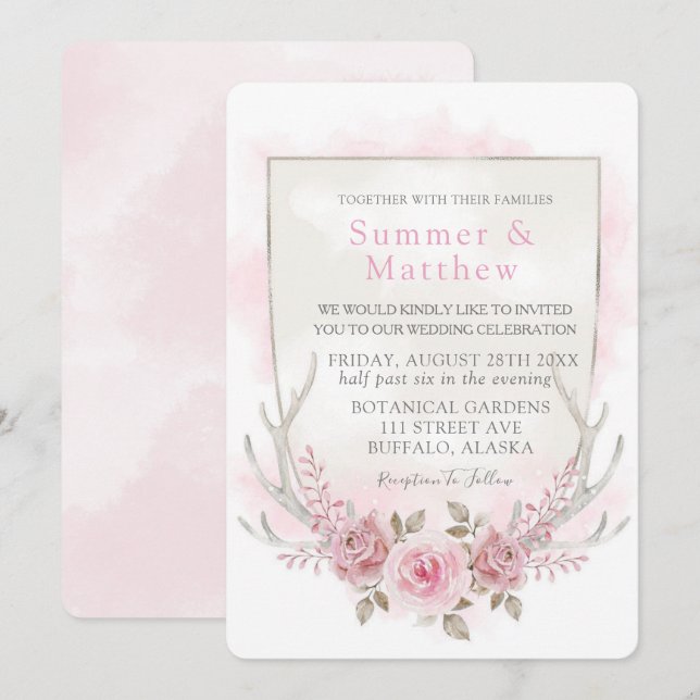 Country Pink Grey Peony Deer Antlers Wedding Invitation (Front/Back)