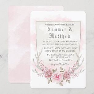 Country Pink Grey Watercolor Peony Antlers Wedding Invitation