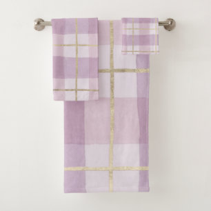 Country pink lavender gold watercolor plaid bath towel set