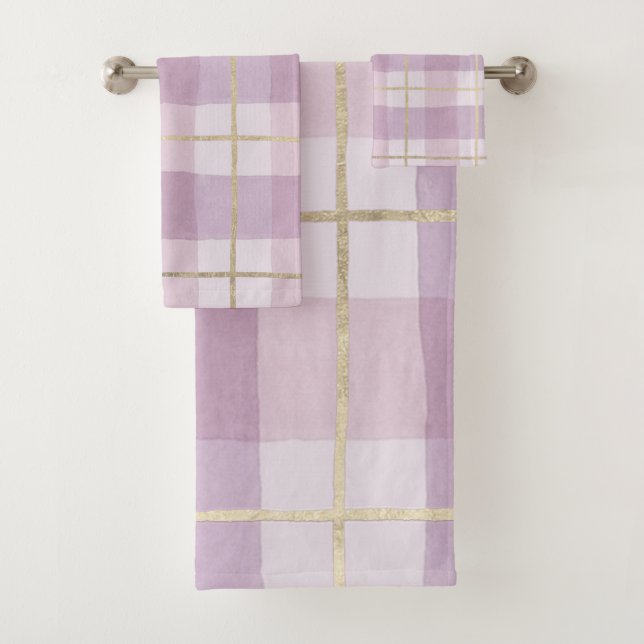 Country pink lavender gold watercolor plaid bath towel set (Insitu)