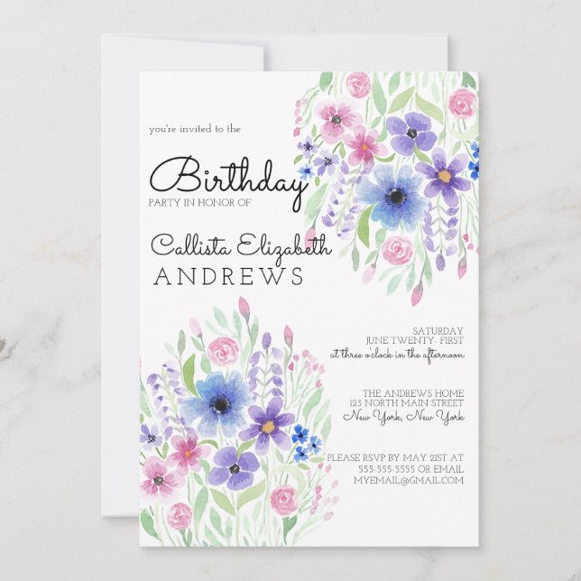 Country Pink Purple Floral Watercolor Birthday Invitation (Front)