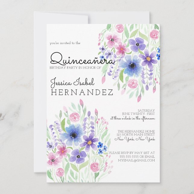 Country Pink Purple Floral Watercolor Quinceañera Invitation (Front)