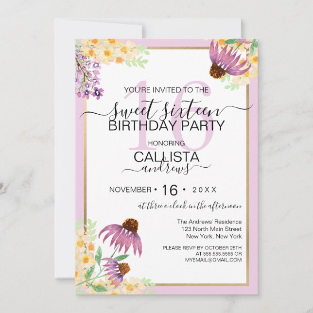 Country Pink Purple Yellow Wild Flowers Sweet 16 Invitation (Front)