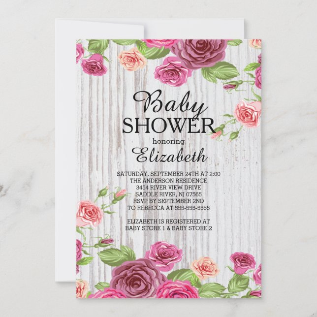 Country Pink Roses Wood Baby Shower Invitation (Front)