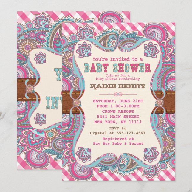 Country, Pink, Western Baby Shower Invitations (Front/Back)