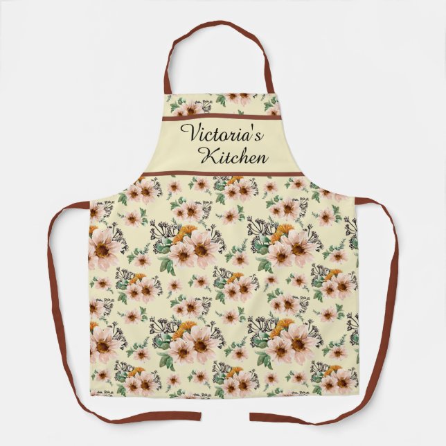  Country Pink, Yellow, Rust Floral Watercolor  Apron (Front)