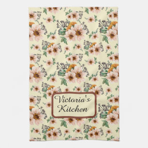 Country Pink, Yellow, Rust Floral Watercolor   Tea Towel