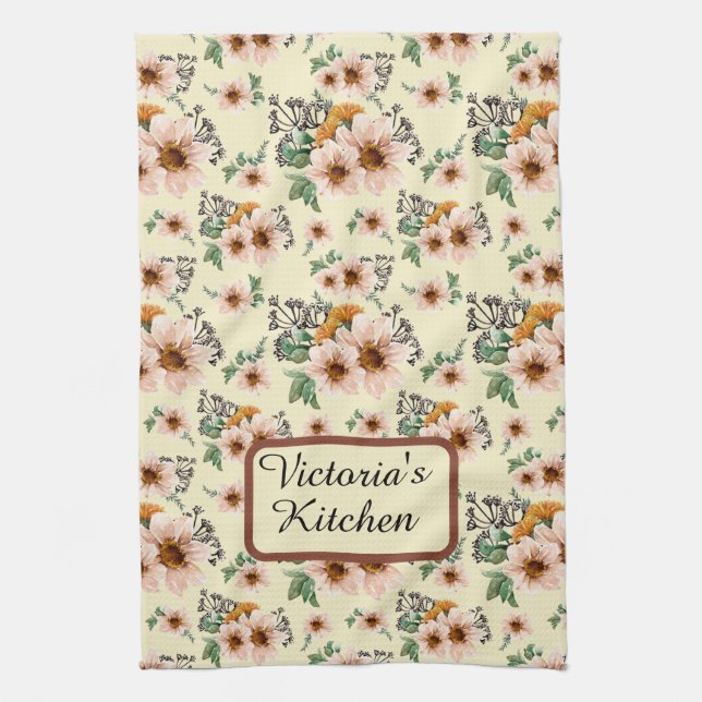 Country Pink, Yellow, Rust Floral Watercolor   Tea Towel (Vertical)