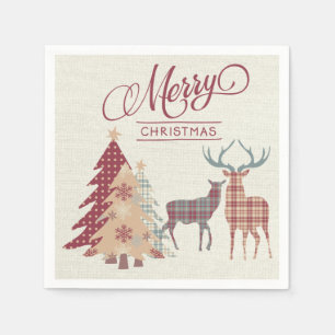 Country Plaid Merry Christmas Deer, Trees Napkins