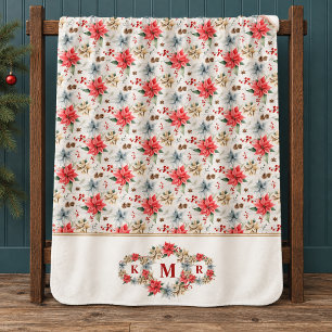 Country Poinsettia Initials Cosy Christmas Gift Sherpa Blanket