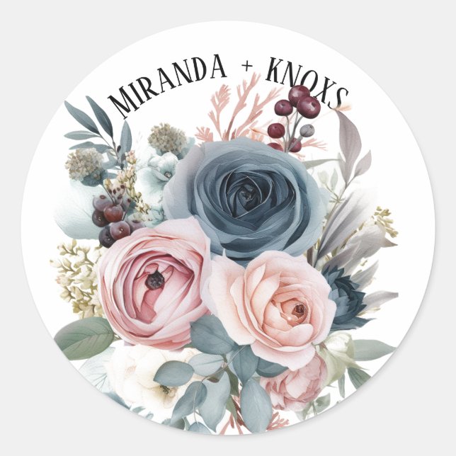 Country Popular Winter Pink Dusty Blue Wedding Classic Round Sticker (Front)