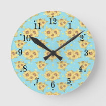 Country Powder Blue Yellow Sunflowers Wall Clock