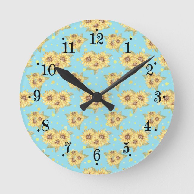 Country Powder Blue Yellow Sunflowers Wall Clock (Front)