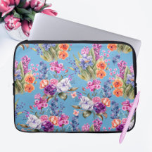 Country Pretty Garden Flowers on Blue Background